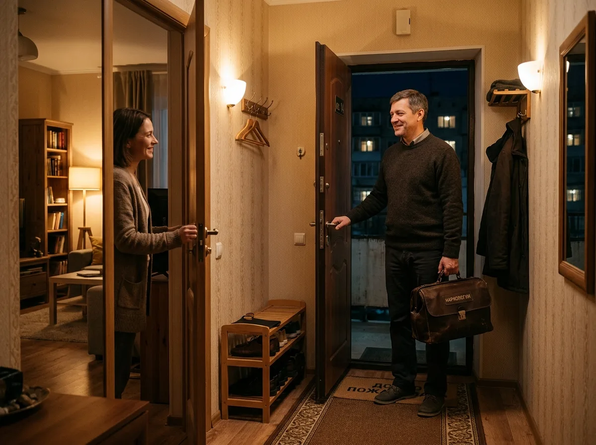 Врач-нарколог в гражданской одежде приезжает ночью к пациенту в квартиру в Воронеже, несёт медицинский чемодан, спокойная доверительная атмосфера