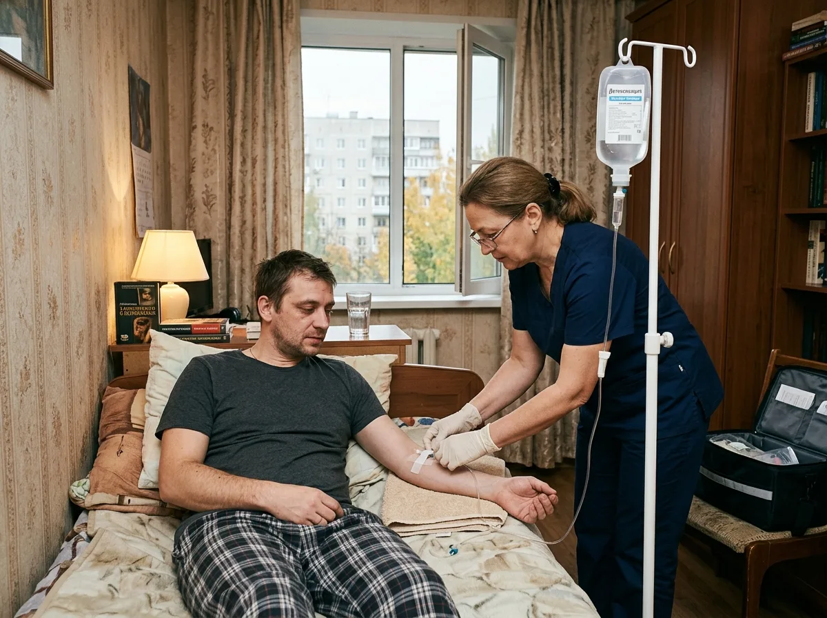 Врач-нарколог ставит капельницу пациенту в запое на дому в Воронеже, капельница с детоксикационным раствором, уютная спальня