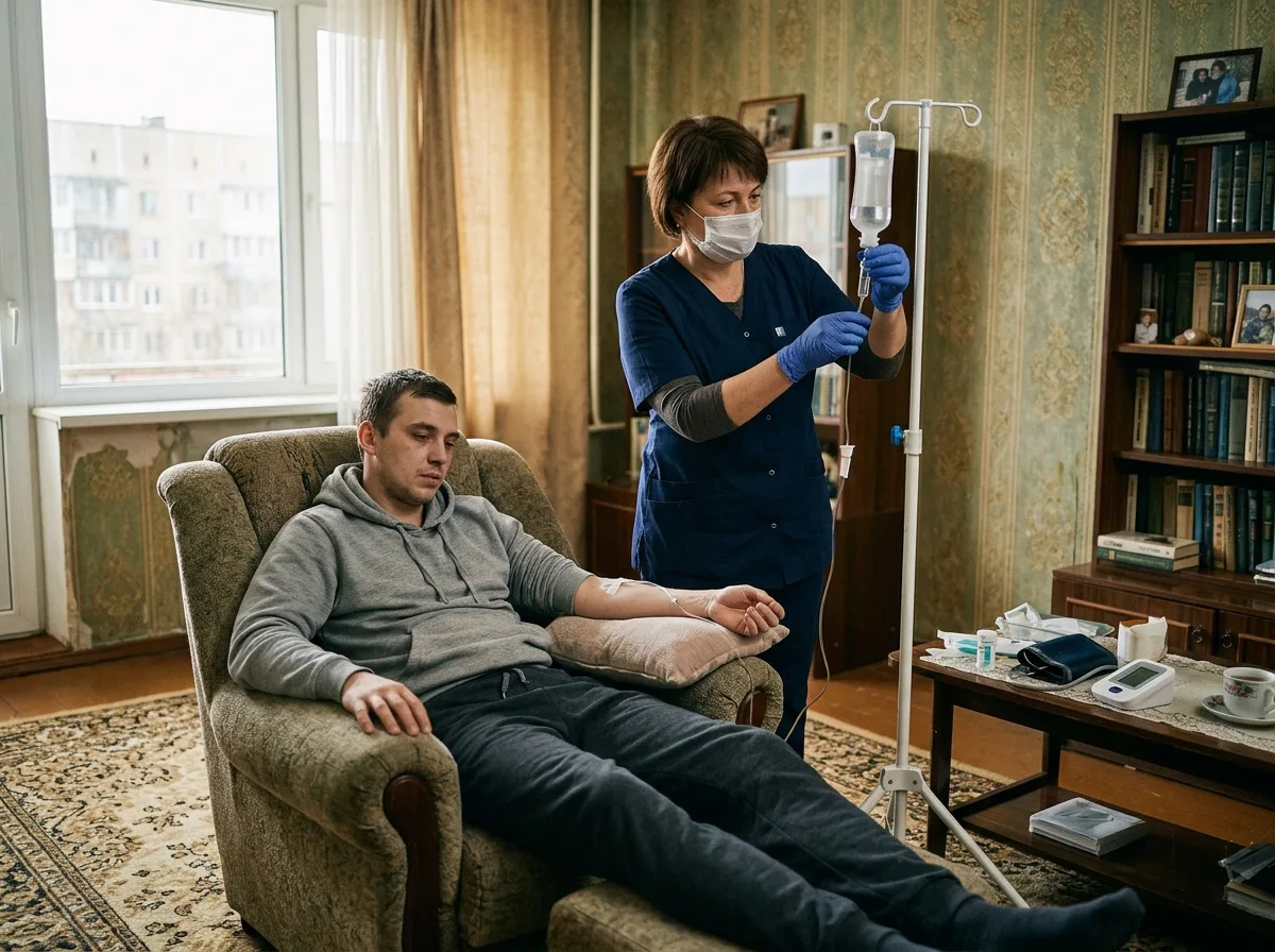 Врач-нарколог оказывает помощь пациенту с наркотической ломкой на дому в Воронеже, вводит препараты внутривенно, спокойная обстановка
